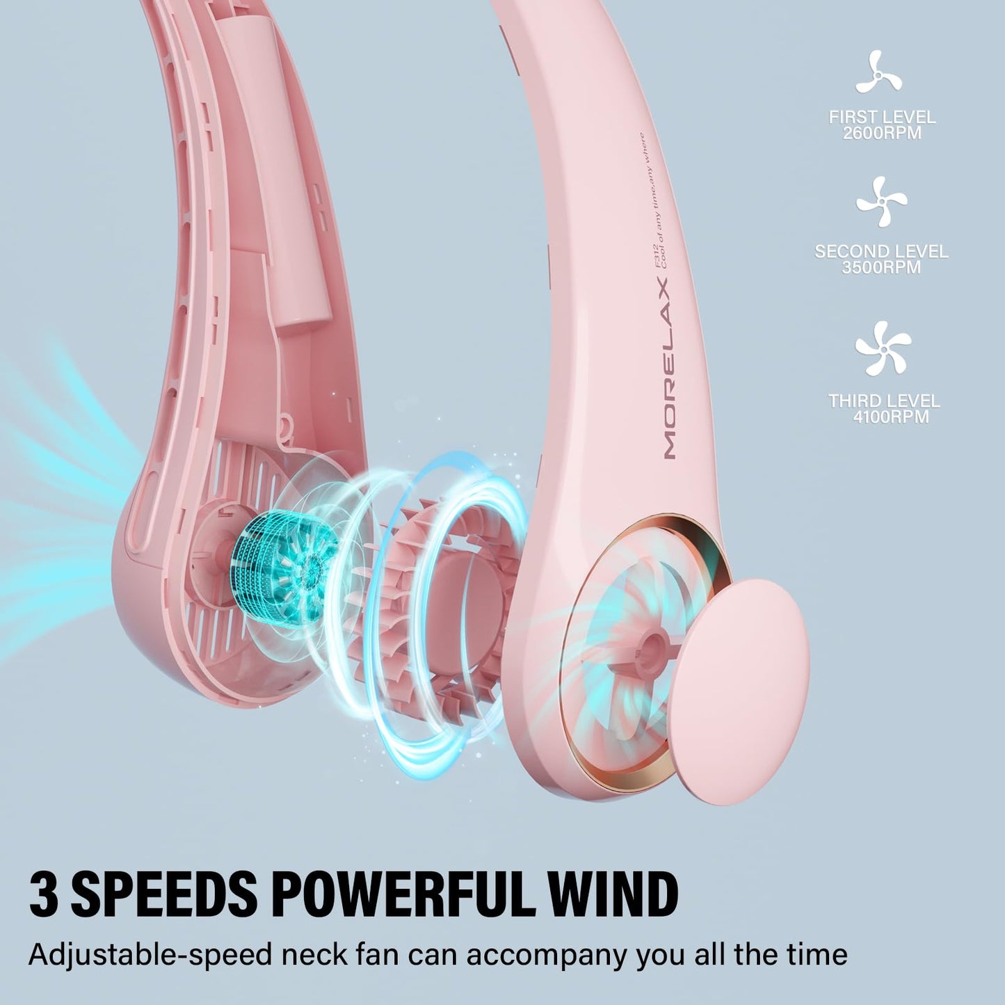 Morelax Neck Fan, USB Rechargeable Personal Fan, 3 Speeds Adjustable, Large air outlet Powerful Strong Wind, Adjustable, 360° Cooling, Super Quiet, No Blade Design, No Hair Twisting, Small (Pink)