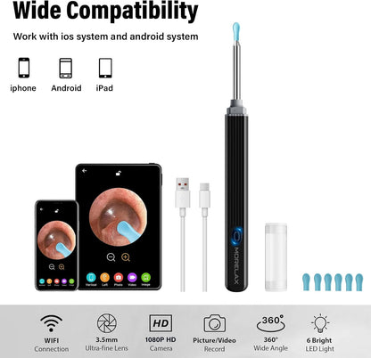 Ear Wax Cleaner with Camera, Earwax Removal, Earwax Removal Tool, with 8 Ears, Earwax Cleaning kit 1080P HD Otoscope - Ear Camera with 6 Ear Scoops - Otoscope Ear Pick for iOS and Android