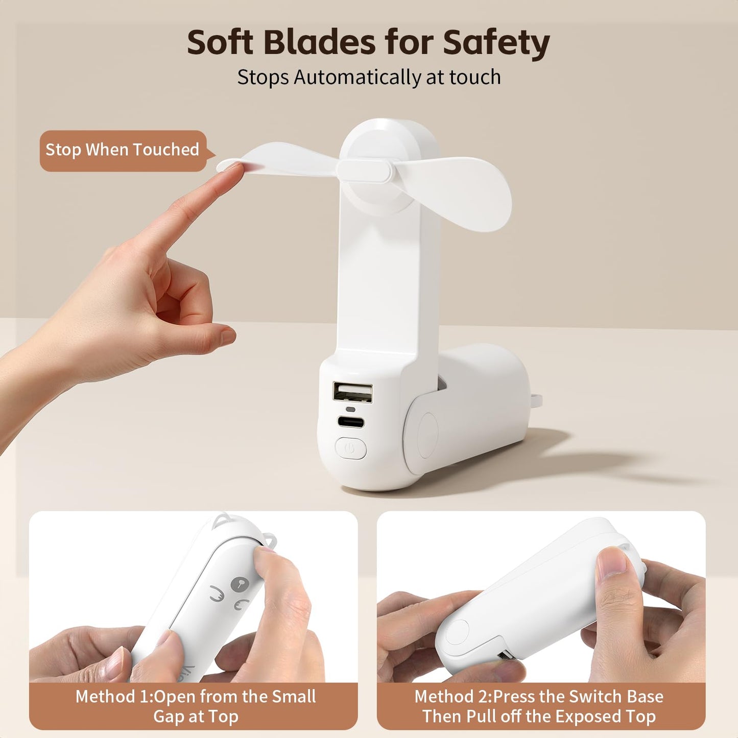 Morelax Portable Fan, Mini Handheld Fan with Power Bank, Cute USB Rechargeable Pocket Fan, Foldable Small Cooling Fan with LED Light, Personal Travel Fan,Summer,Beach Essentials,Summer Gift for Women