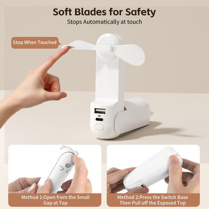 Morelax Portable Fan, Mini Handheld Fan with Power Bank, Cute USB Rechargeable Pocket Fan, Foldable Small Cooling Fan with LED Light, Personal Travel Fan,Summer,Beach Essentials,Summer Gift for Women
