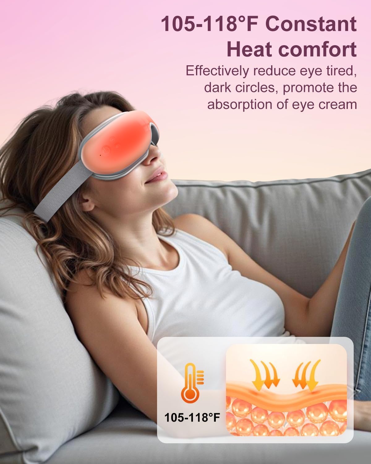 Morelax Eye Massager with Heat & Bluetooth Music, Relaxation Gift for Women, Help Alleviate Eye Strain, Promote Better Sleep, Comfortable and Soothing Eye Care Device (Pink)