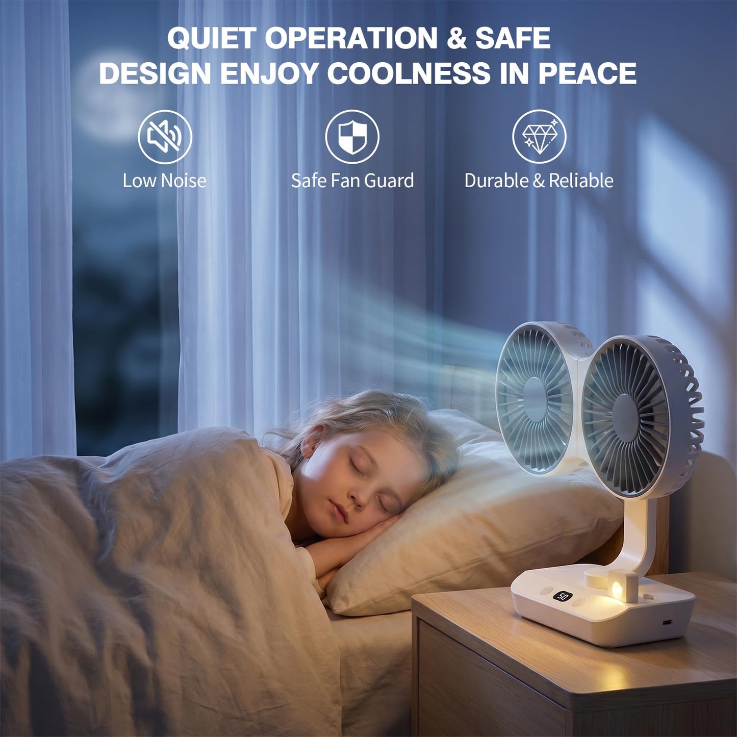 Morelax Dual Head Desk Fan with LED Light, USB Rechargeable Portable Mini Fan, Quiet Desktop & Wall-Mounted Fan, Multi-Angle Rotation, 4 Speeds, for Bedroom, Home, Office, Camping