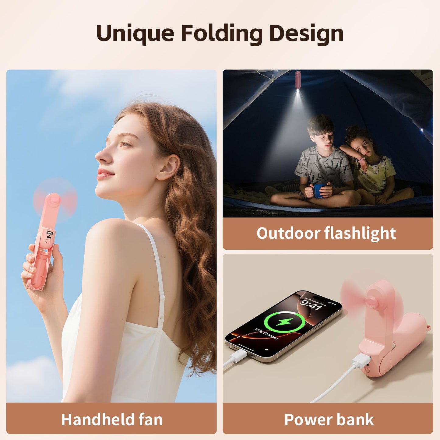 Morelax Portable Fan, Mini Handheld Fan with Power Bank, Cute USB Rechargeable Pocket Fan, Foldable Small Cooling Fan with LED Light, Personal Travel Fan,Summer,Beach Essentials,Summer Gift for Women