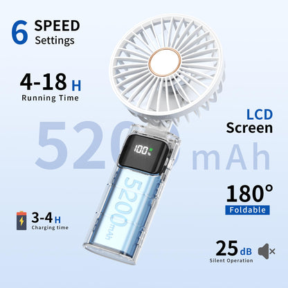 Portable Handheld Fan, USB Rechargeable Foldable Mini Personal Fan, 5200mAh, 180 Adjustable, 6 Speed Wind, 3 IN 1 Hand Cooling Desk Fan with LED Display for Home Office School Outdoor Travel, White