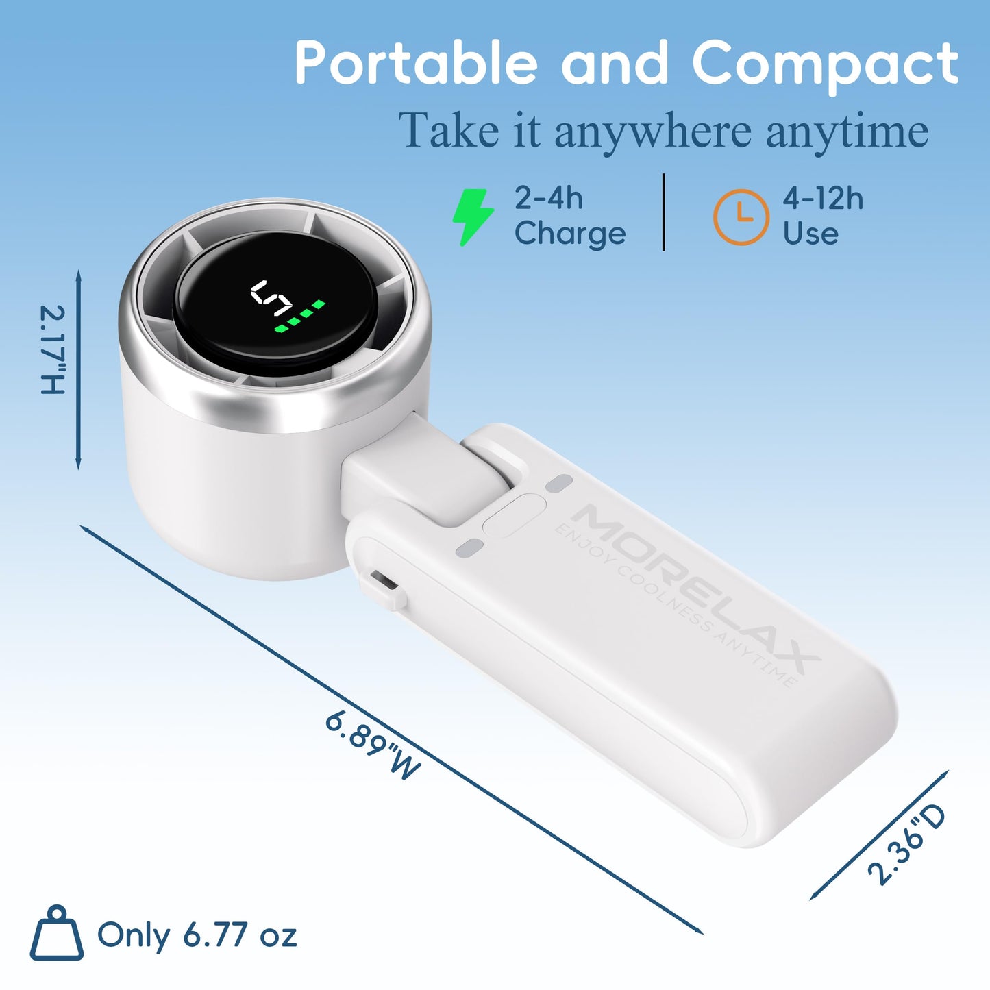 Morelax Personal Handheld Fan,High-Speed Turbo Fans,5-Speed with LED Display,Powerful Motor,4000mAh,USB Rechargeable Portable Cooling Fan for Outdoor Activities,Travel,Working,White