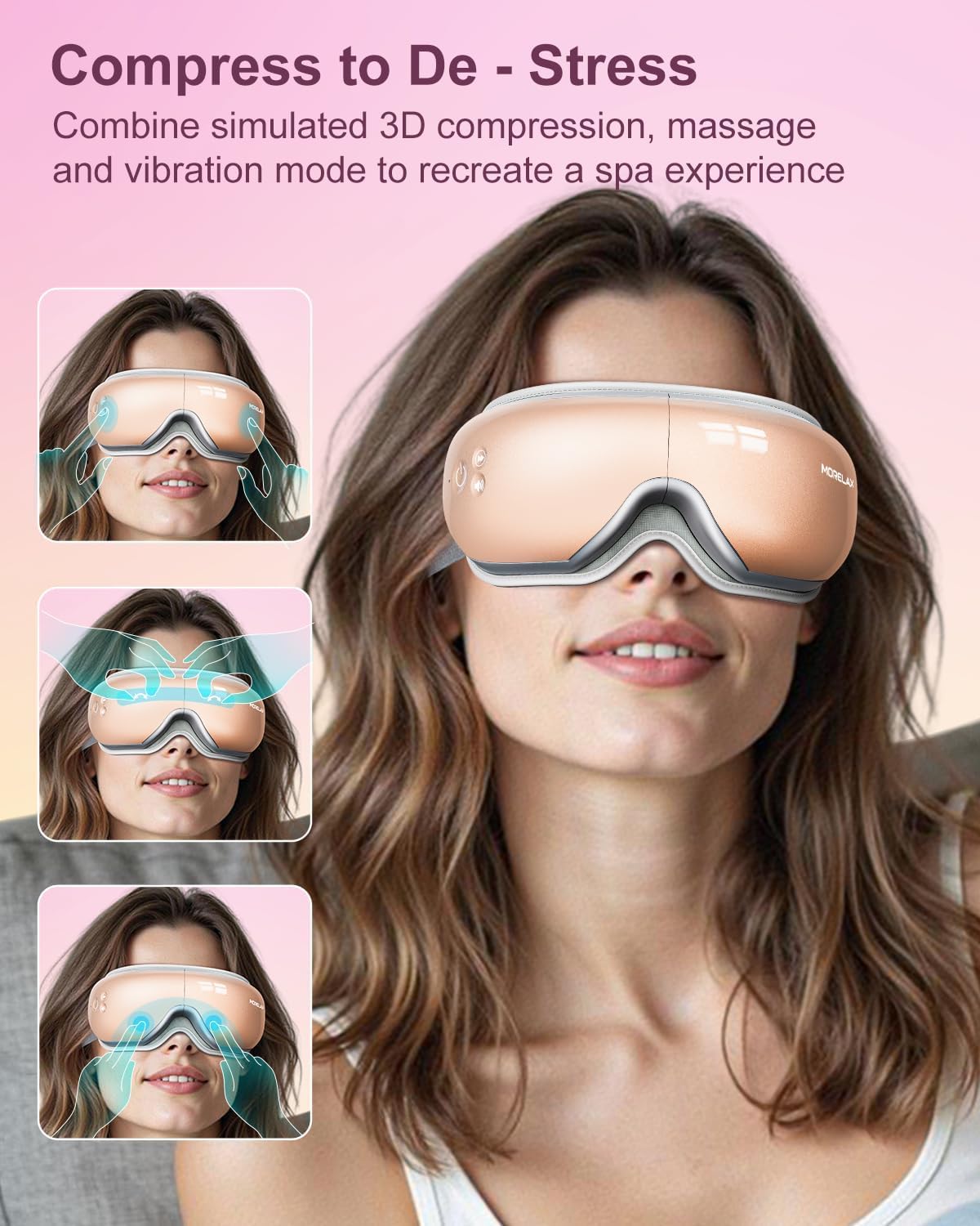 Morelax Eye Massager with Heat & Bluetooth Music, Relaxation Gift for Women, Help Alleviate Eye Strain, Promote Better Sleep, Comfortable and Soothing Eye Care Device (Pink)