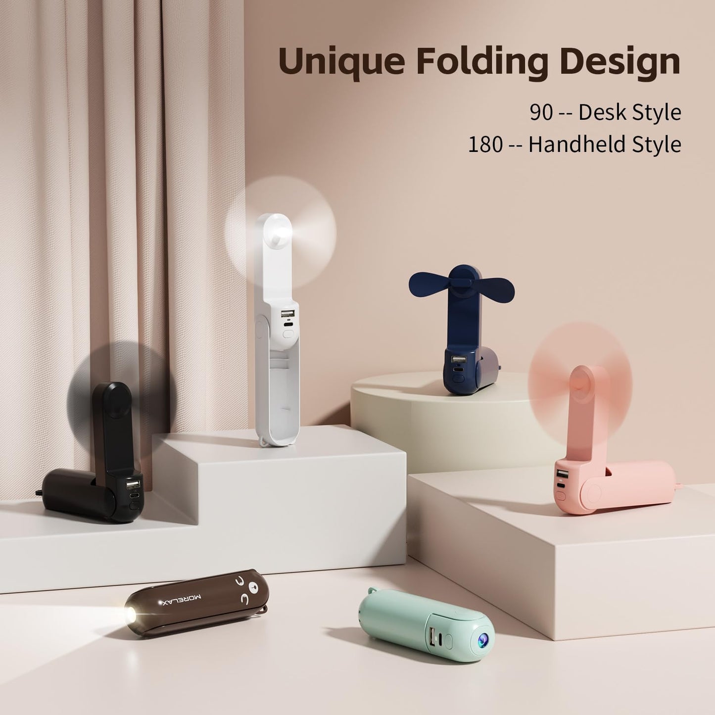 Morelax Portable Fan, Mini Handheld Fan with Power Bank, Cute USB Rechargeable Pocket Fan, Foldable Small Cooling Fan with LED Light, Personal Travel Fan,Summer,Beach Essentials,Summer Gift for Women