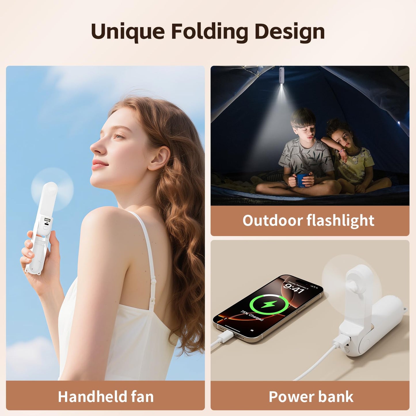 Morelax Portable Fan, Mini Handheld Fan with Power Bank, Cute USB Rechargeable Pocket Fan, Foldable Small Cooling Fan with LED Light, Personal Travel Fan,Summer,Beach Essentials,Summer Gift for Women