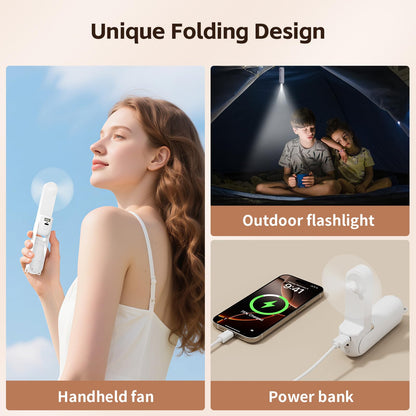 Morelax Portable Fan, Mini Handheld Fan with Power Bank, Cute USB Rechargeable Pocket Fan, Foldable Small Cooling Fan with LED Light, Personal Travel Fan,Summer,Beach Essentials,Summer Gift for Women