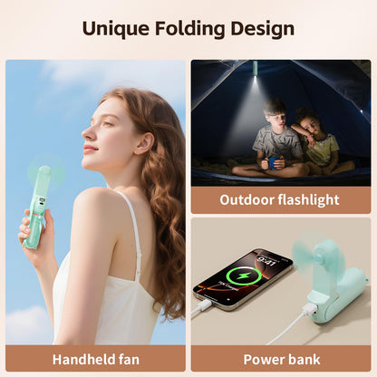 Morelax Portable Fan, Mini Handheld Fan with Power Bank, Cute USB Rechargeable Pocket Fan, Foldable Small Cooling Fan with LED Light, Personal Travel Fan,Summer,Beach Essentials,Summer Gift for Women
