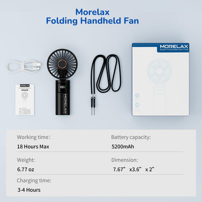 Portable Handheld Fan, USB Rechargeable Foldable Mini Personal Fan, 5200mAh, 180 Adjustable, 6 Speed Wind, 3 IN 1 Hand Cooling Desk Fan with LED Display for Home Office School Outdoor Travel, Black