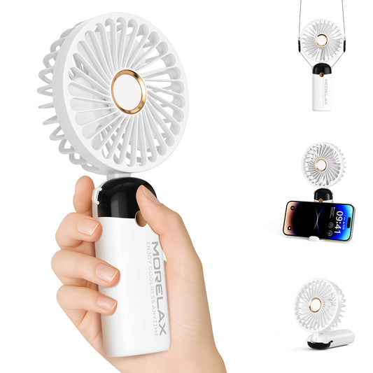 Morelax Handheld Mini Fan,USB Rechargeable Fodable Personal Fans 4000mAh,90 Adjustable, 6 Speed Strong Wind,Portable Fan Pocket Design 5 IN 1Cooling Table Fan for Office School Outdoor Travel,White