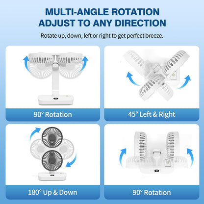 Morelax Dual Head Desk Fan with LED Light, USB Rechargeable Portable Mini Fan, Quiet Desktop & Wall-Mounted Fan, Multi-Angle Rotation, 4 Speeds, for Bedroom, Home, Office, Camping