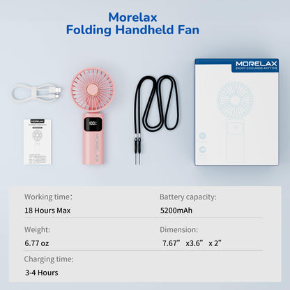 Portable Handheld Fan, USB Rechargeable Foldable Mini Personal Fan, 5200mAh, 180 Adjustable, 6 Speed Wind, 3 IN 1 Hand Cooling Desk Fan with LED Display for Home Office School Outdoor Travel, Pink