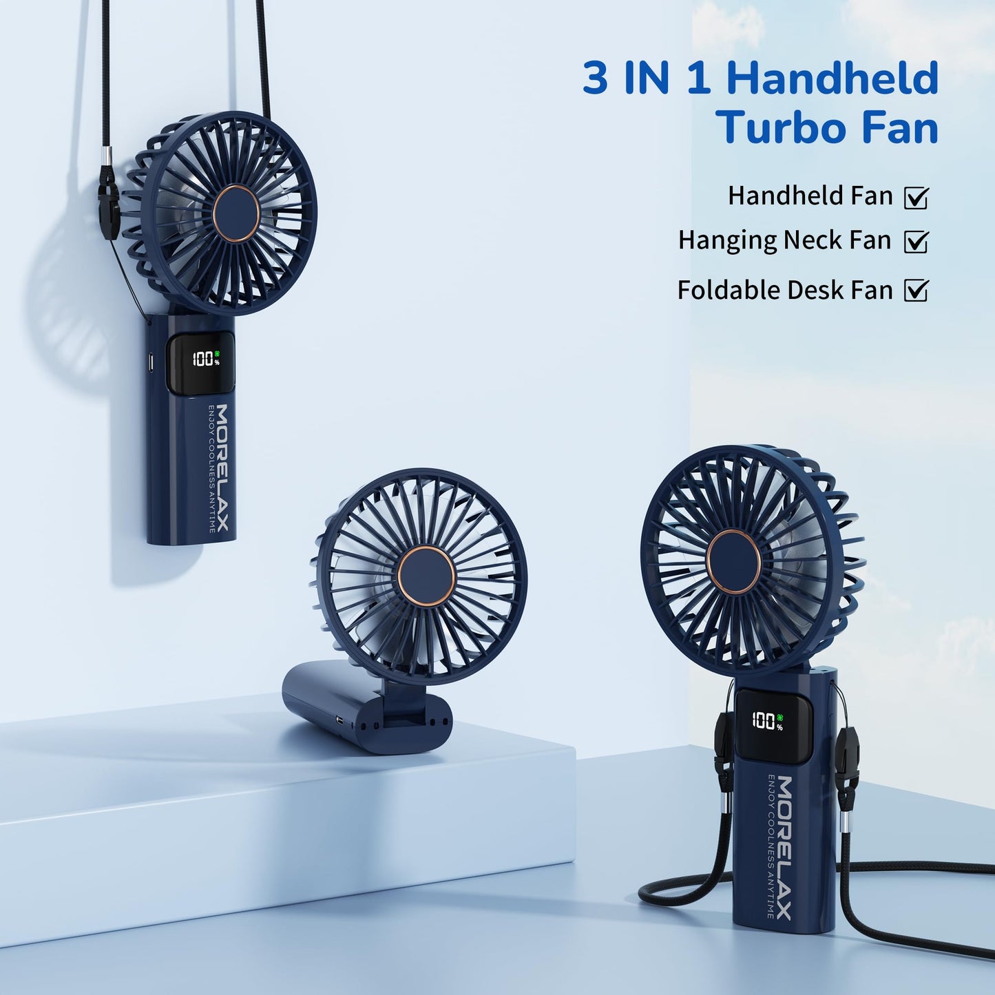 Portable Handheld Fan, USB Rechargeable Foldable Mini Personal Fan, 5200mAh, 180 Adjustable, 6 Speed Wind, 3 IN 1 Hand Cooling Desk Fan with LED Display for Home Office School Outdoor Travel, Blue
