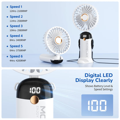 Morelax Handheld Mini Fan,USB Rechargeable Fodable Personal Fans 4000mAh,90 Adjustable, 6 Speed Strong Wind,Portable Fan Pocket Design 5 IN 1Cooling Table Fan for Office School Outdoor Travel,White