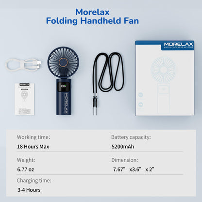 Portable Handheld Fan, USB Rechargeable Foldable Mini Personal Fan, 5200mAh, 180 Adjustable, 6 Speed Wind, 3 IN 1 Hand Cooling Desk Fan with LED Display for Home Office School Outdoor Travel, Blue