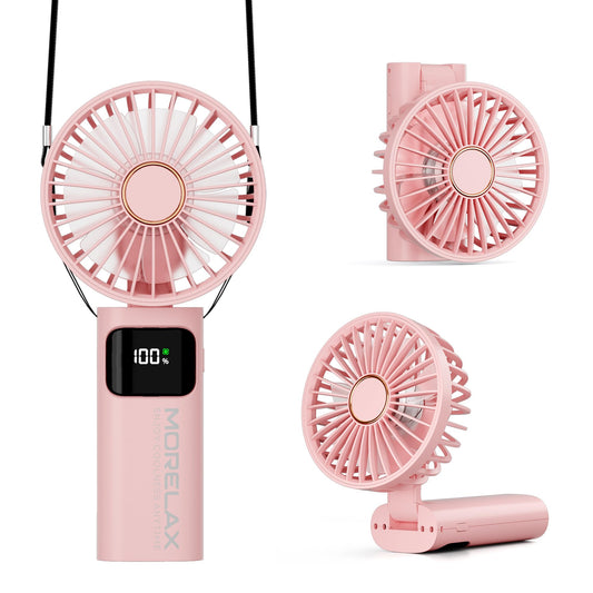 Portable Handheld Fan, USB Rechargeable Foldable Mini Personal Fan, 5200mAh, 180 Adjustable, 6 Speed Wind, 3 IN 1 Hand Cooling Desk Fan with LED Display for Home Office School Outdoor Travel, Pink