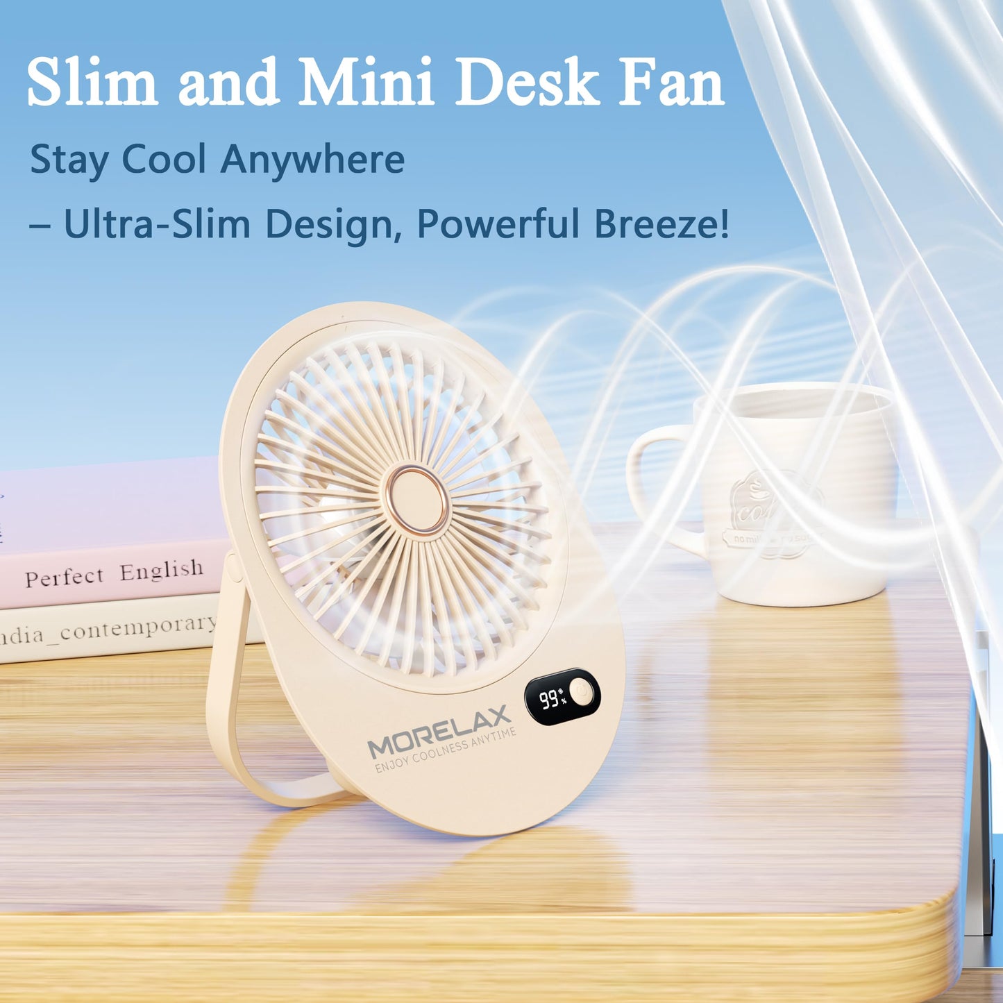 Portable Desk Fan Rechargeable,Small Personal Fan Strong Powerful Wind Battery Operated, Slim Silent, 6 Speeds Cooling Handheld Mini USB Table Desktop Fans for Indoor Outdoor Office (Beige)