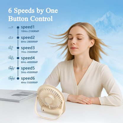Portable Desk Fan Rechargeable,Small Personal Fan Strong Powerful Wind Battery Operated, Slim Silent, 6 Speeds Cooling Handheld Mini USB Table Desktop Fans for Indoor Outdoor Office (Beige)