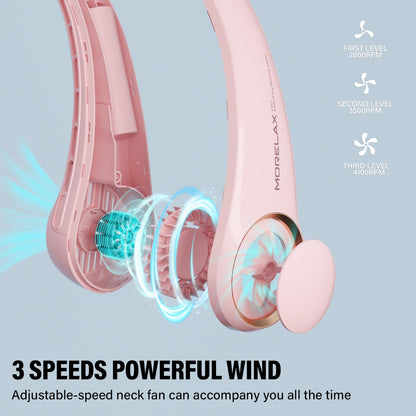 Morelax Neck Fan, USB Rechargeable Personal Fan, 3 Speeds Adjustable, Large air outlet Powerful Strong Wind, Adjustable, 360° Cooling, Super Quiet, No Blade Design, No Hair Twisting, Small (Pink)