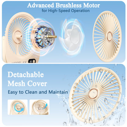 Portable Desk Fan Rechargeable,Small Personal Fan Strong Powerful Wind Battery Operated, Slim Silent, 6 Speeds Cooling Handheld Mini USB Table Desktop Fans for Indoor Outdoor Office (Beige)